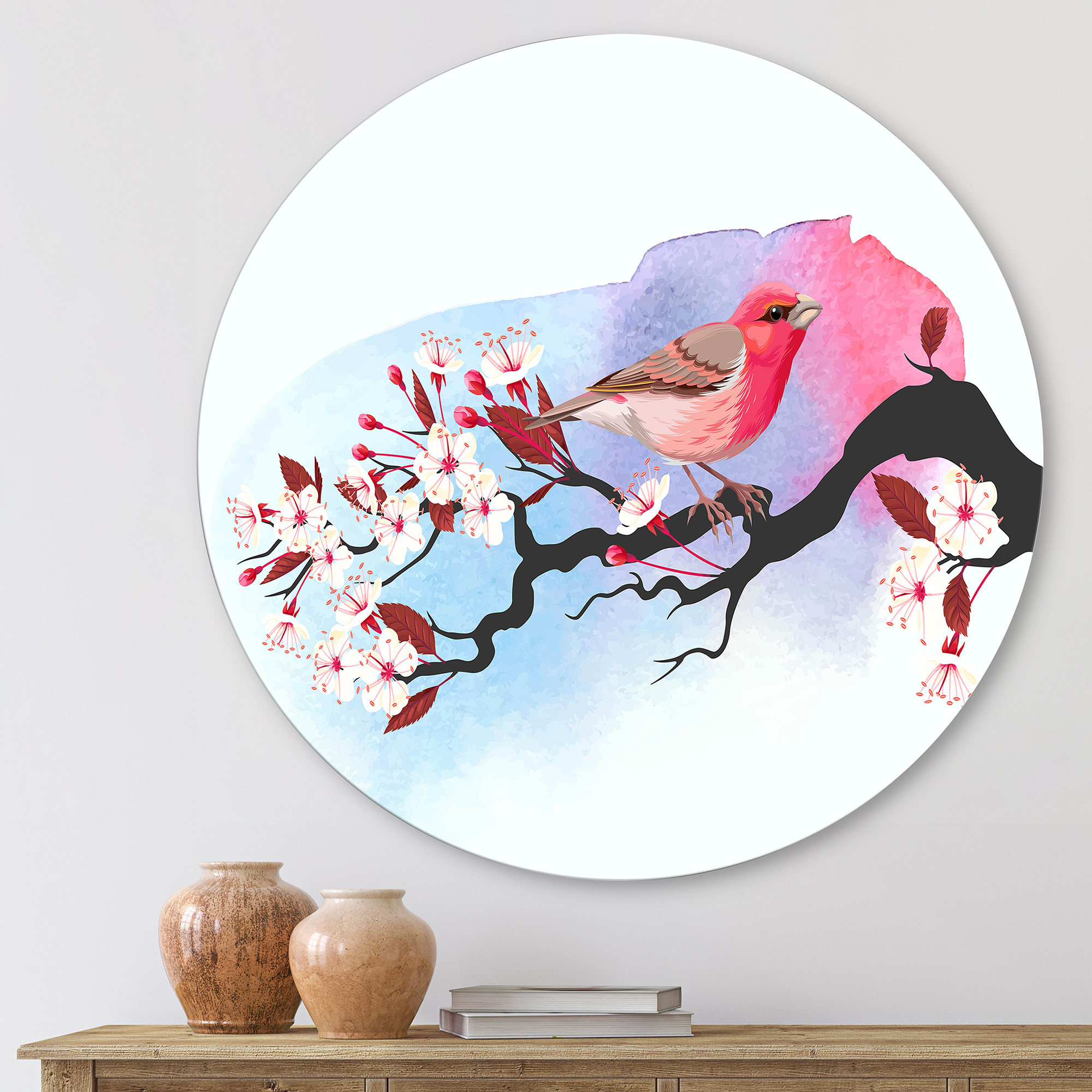 Designart 'Pink Bird Sitting On Cherry Branch' Traditional Circle Metal Wall Art 23x23 - Disc of 23