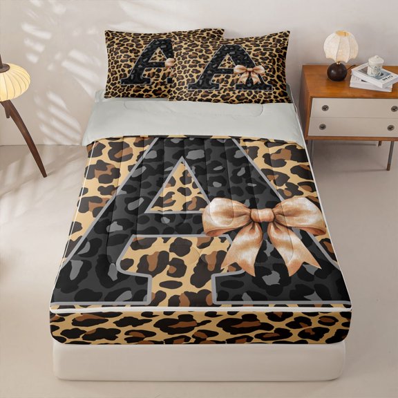 Homewish Monogrammed A Kids Zipper Twin Comforter Sets with Fitted Sheet and 2 Pillowcases, Cheetah Leopard Print Zipper Bedding Set, Gray Reversible, 4-Piece