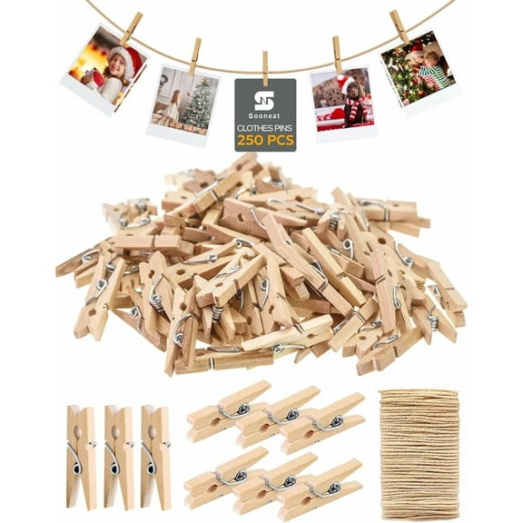 Mini Clothes Pins for Photo, Natural Small Wooden Clothespins 1 Inch Tiny Wood Decorative Clips Bulk, 33FT Jute Twine and Clothespins for Crafts Photos Pictures Baby Shower Game Classroom, 250 PCS