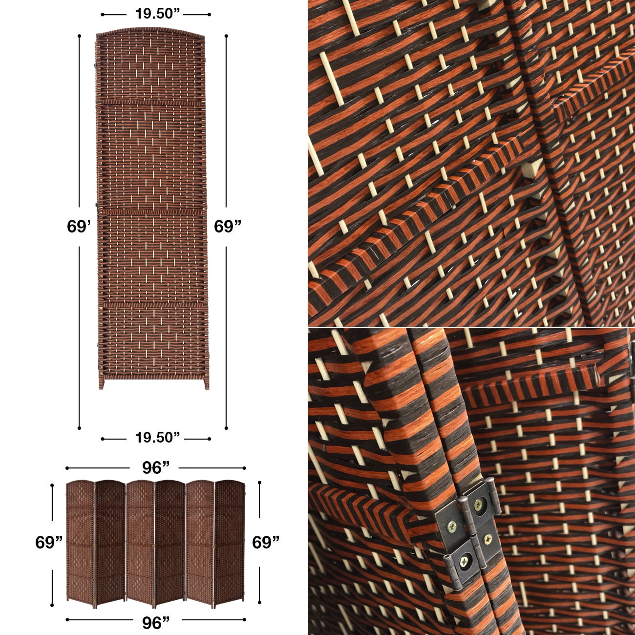 Extra Wide - Diamond Weave Fiber Room Divider, 6 Panel (Brown)