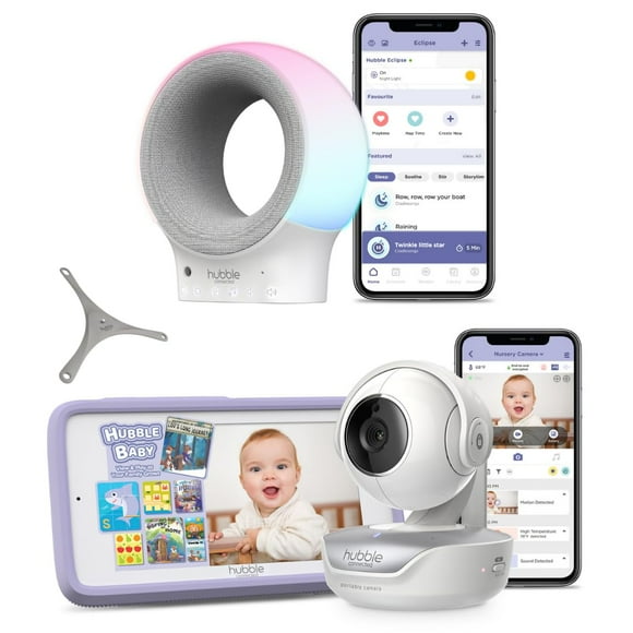 HUBBLE CONNECTED Eclipse Sound Machine and Nursery Pal Touch Bundle; 5"" Smart WiFi Baby Monitor w/Camera & Audio; Flexible Wall Mount; Pan Tilt Zoom; 2Way Talk & Smartphone App