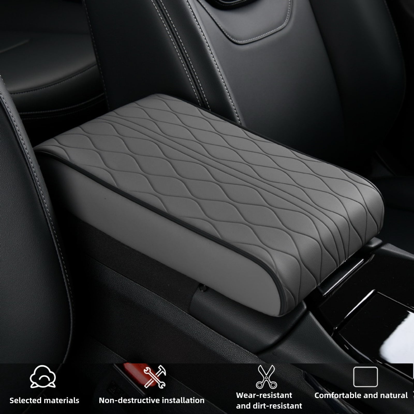 ST SoleMe.Tc Gray Leather Center Console Pad Car Armrest Cushion- Car Arm Rest Covering Vehicle Memory Foam Armrest Box Cover for Car Suv Truck, Water Ripple Style, (L)