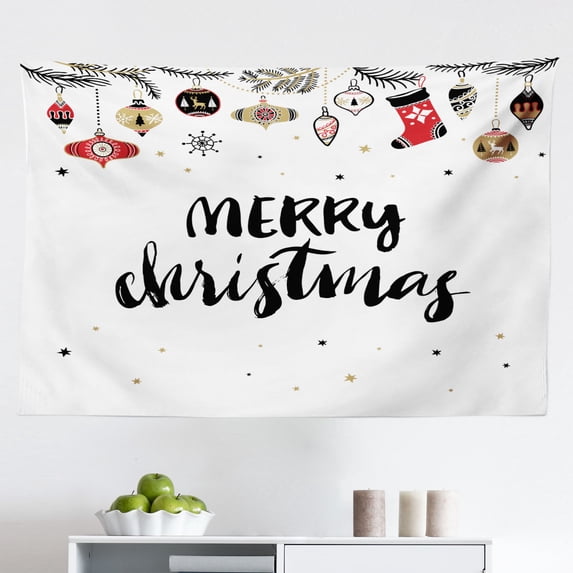 Christmas Tapestry, Noel Tree Branches Over Timber Board with Handmade Toy and Berries Image, Fabric Wall Hanging Decor for Bedroom Living Room Dorm, 2 Sizes, Beige Red, by Ambesonne