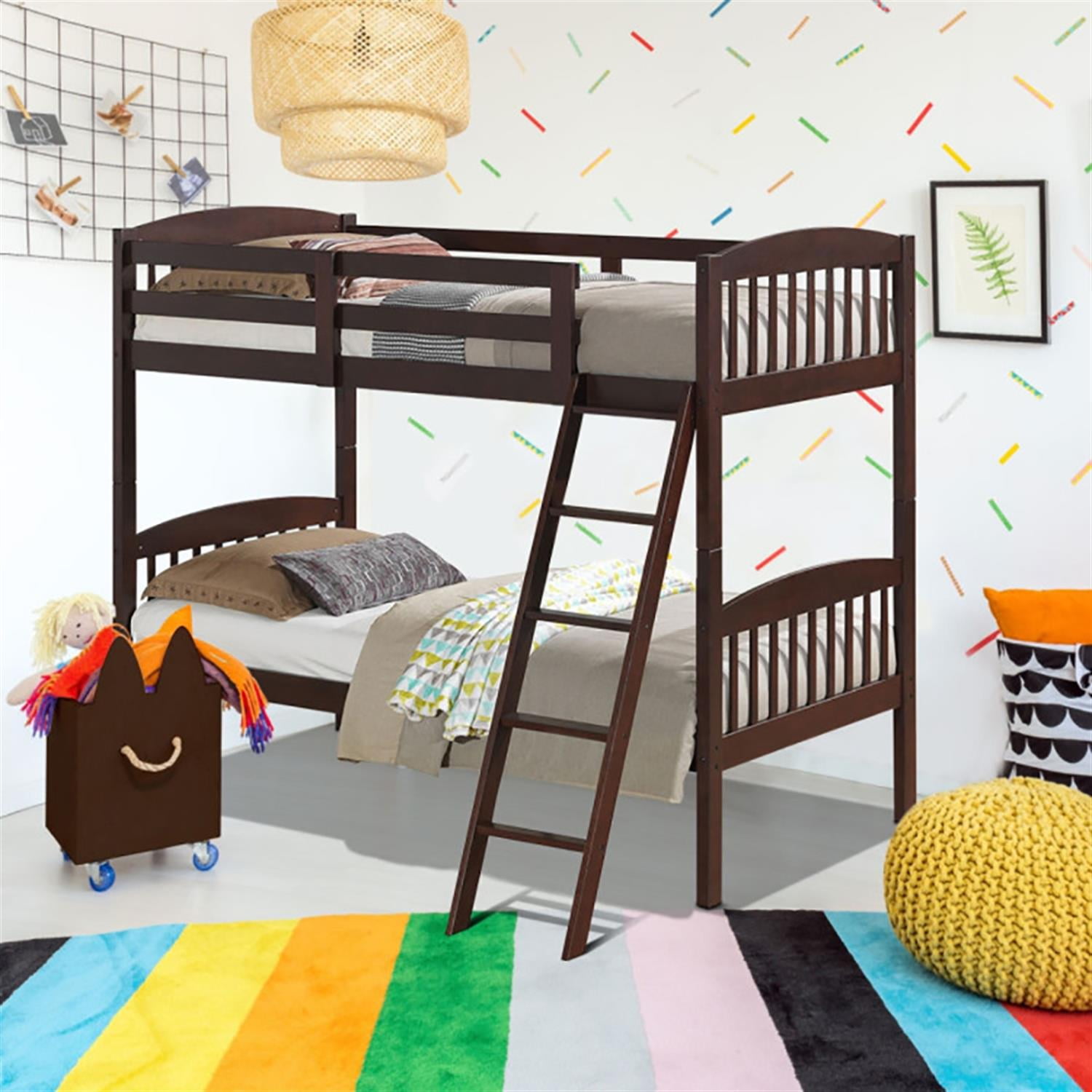 Demi Bonn Solid Wood Twin Over Twin Bunk Bed with Detachable Ladder, Twin Bunk Beds, Converts to 2 Individual Twin Beds, Brown