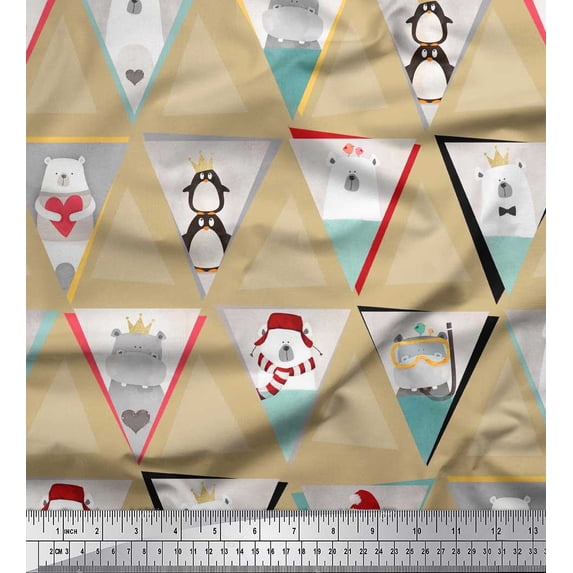Soimoi Polyester Crepe Fabric Triangle,Penguin & Bear Patchwork Decor Fabric Printed Yard 42 Inch Wide