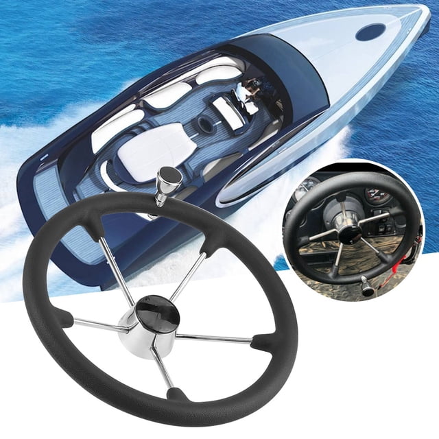 Volant de Bateau, Volant Marin Style Acier Inoxydable à 5 Rayons de 15-1/2 Po, Accessoires de Bateau Marins Résistants aux Intempéries avec Centre, Bouton et Poignée en Mousse PU pour Bateau, Marine, Yacht