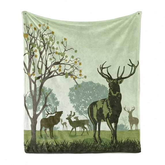 Antlers Soft Flannel Fleece Throw Blanket, Deer and Wildlife in Park World Natural Heritage Forest Areas Reindeer Nature Scene, Cozy Plush for Indoor and Outdoor Use, 50" x 60", Green, by Ambesonne