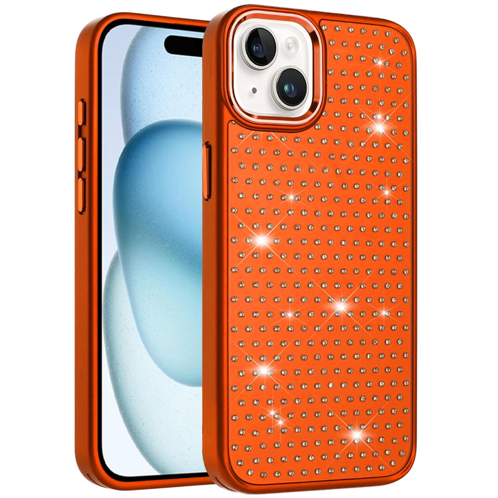 Phone Case for iPhone 15 Plus (6.7 ) Luxury Diamond Bling Sparkle Chrome Metallic Edge Shockproof Durable Protective Stylish Premium Hybrid Design Cover Orange