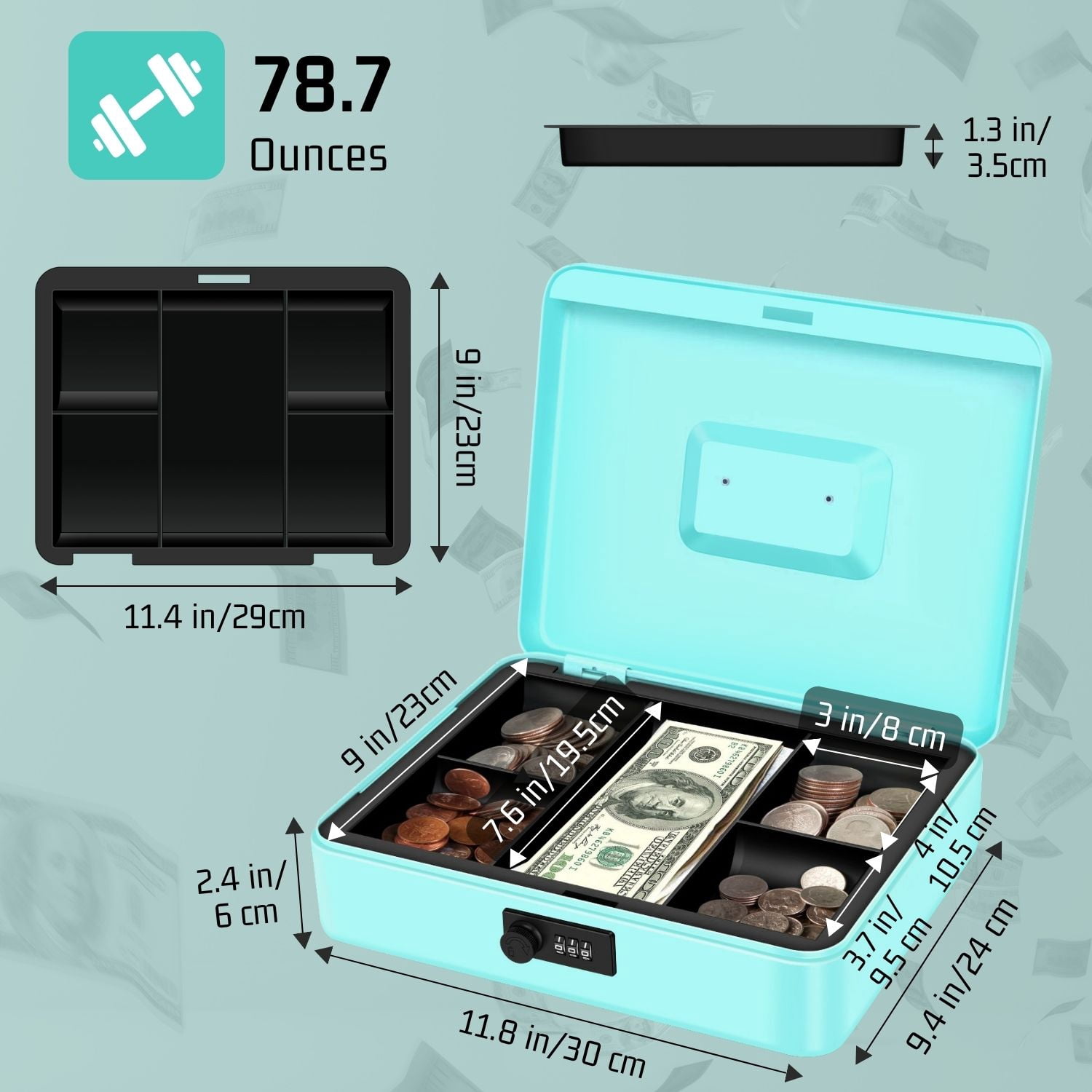 Cash Box with Combination Lock - Metal Cash Box with Money Tray and Lock - 5-Compartment Money Lock Box for Cash, Petty Cash, Checks, Coins, 11.8"x 9.4"x 3.5", Blue