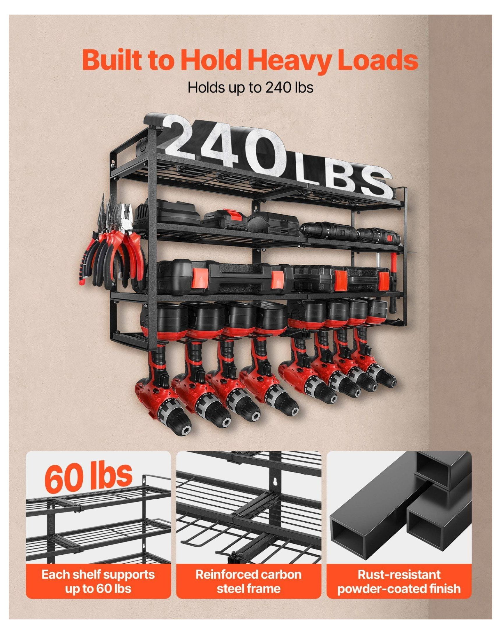 Power Tool Organizer Wall Mount, 4-Tier Garage Storage Rack with Drill Holders, Screwdriver Holder, Heavy Duty Tool Rack for Workshop, Workbench, Garage