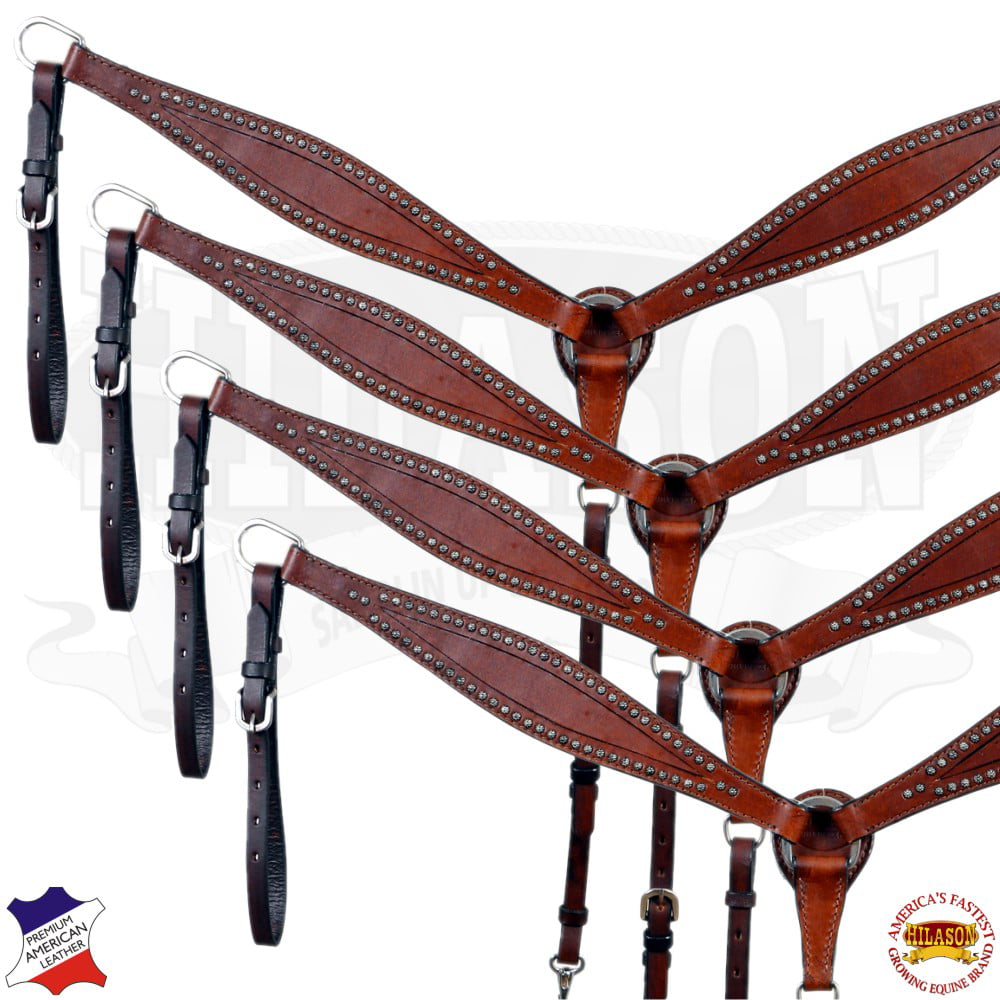 C-K-BC Western Horse Breast Collar Tack American Leather Silver Studs Hilason