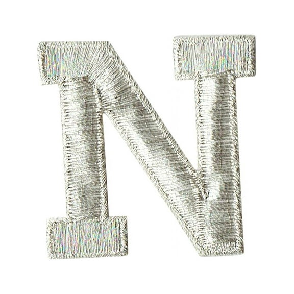 Alphabet Letter - N - Color Silver - 2" Block Style - Iron On Embroidered Applique Patch