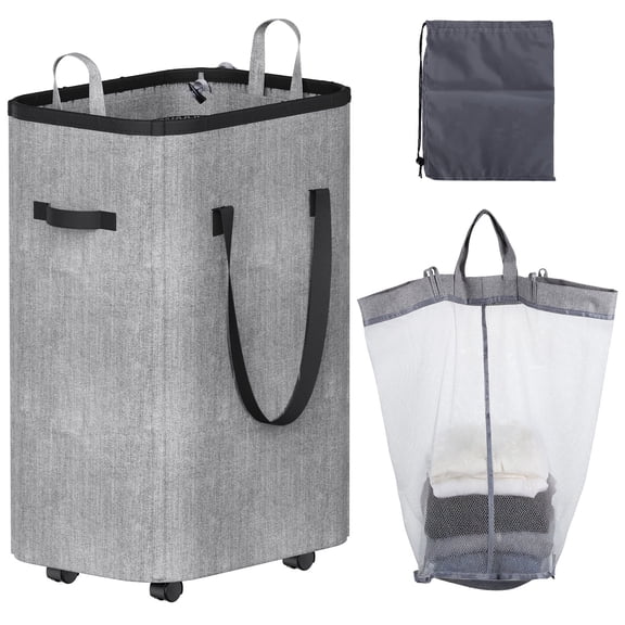 Tecfino 80L Laundry Hamper with Wheels, Large Rolling Laundry Basket with Removable Bag and Storage Pouch, Collapsible Tall Dirty Clothes Hamper for Bedroom Dorm Grey