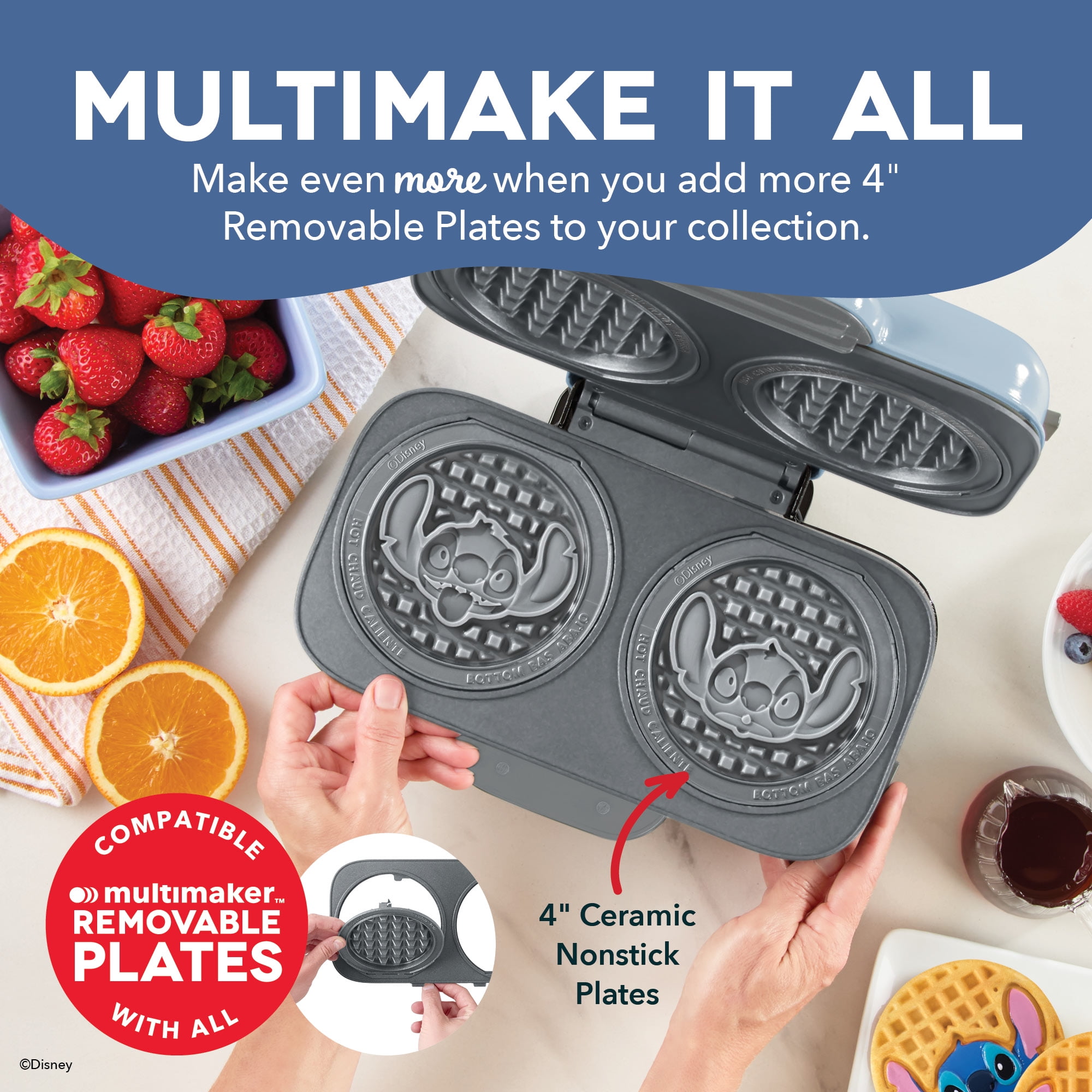 Disney | Dash MultiMaker® Double Mini Maker System - Convenient Electric Waffle Maker - Features Interchangeable, Dishwasher-Safe Plates - Quick Cleanup & Simple Setup - Stitch Design