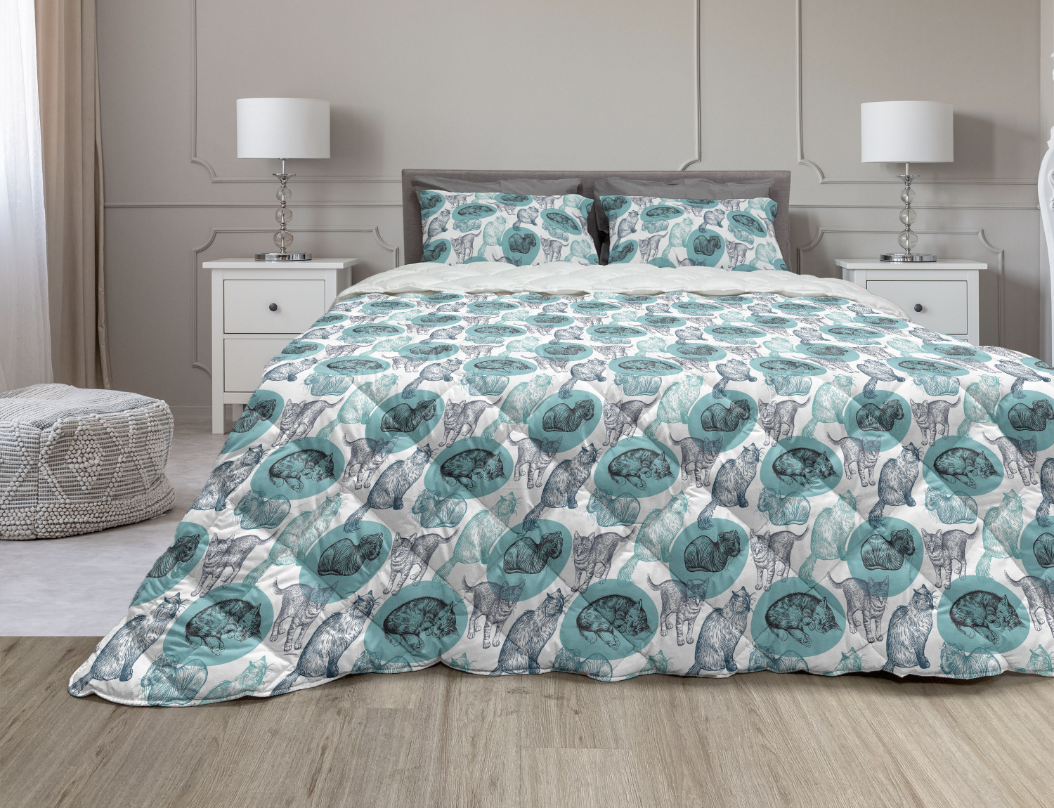 thumbnail image 1 of Dog and Cat Comforter & Sham Bedding Set, Sketchy Pencil Drawn Portraits of Kittens and Puppies, 3 pcs Duvet Set Microfiber Filling Quilt, 5 Sizes, Dark Sky Blue Cadet Blue, by Ambesonne, 1 of 4