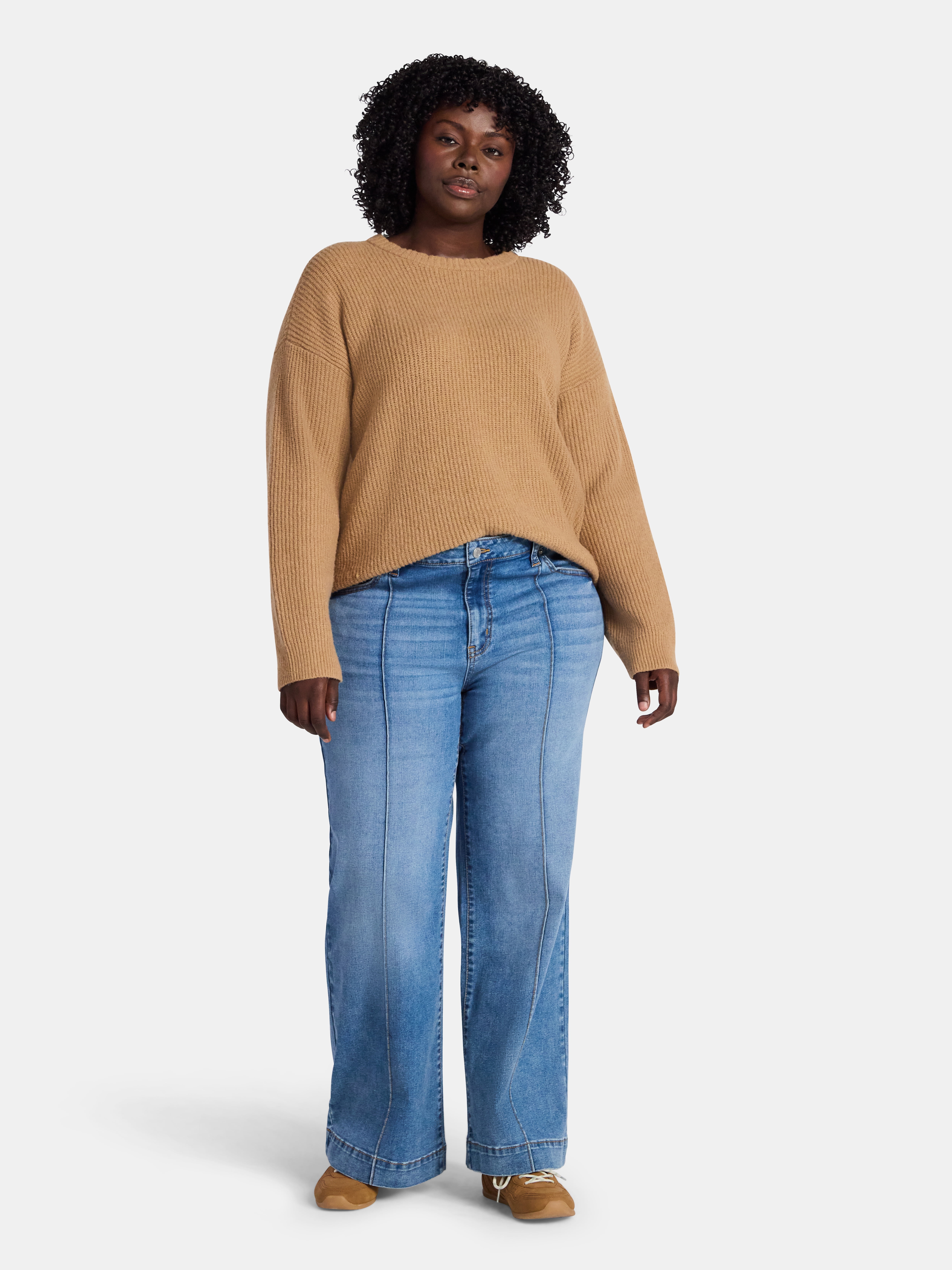 Time and Tru Women's and Women's Plus High Rise Seamed Wide Leg Jeans with Seam Details, 31" Inseam, Sizes 2-26W