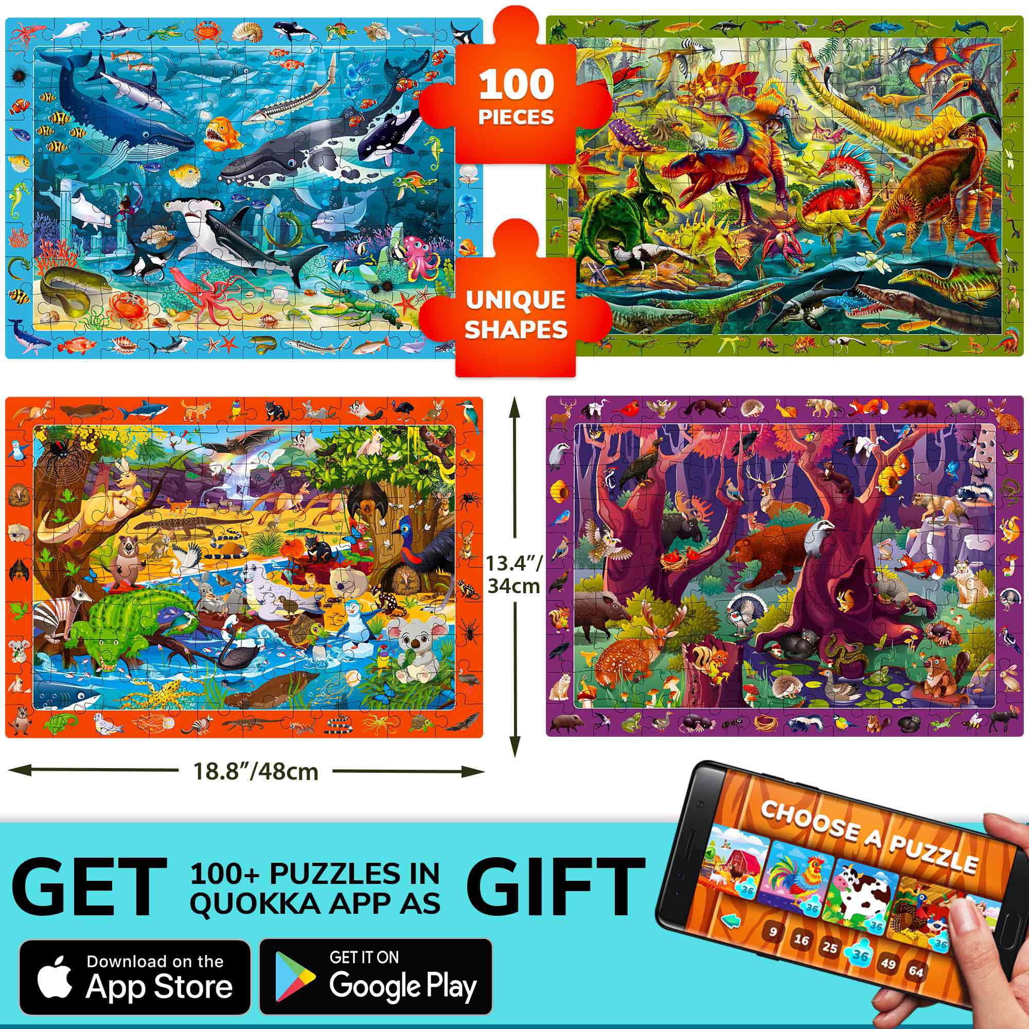 QUOKKA 100-Piece Kids Puzzles Ages 4-8 – 4-Pack Animal & Dino Jigsaw – Learning Search and Find Game