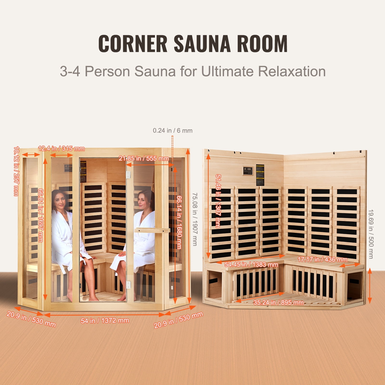 KFFKFF Infrared Sauna for Home, Accommodates 3-4 People, Crafted from Hemlock Wood with Low EMF, Features Tempered Glass Door, Bluetooth Speakers & Color Therapy Lighting, 2470W for Indoor Use
