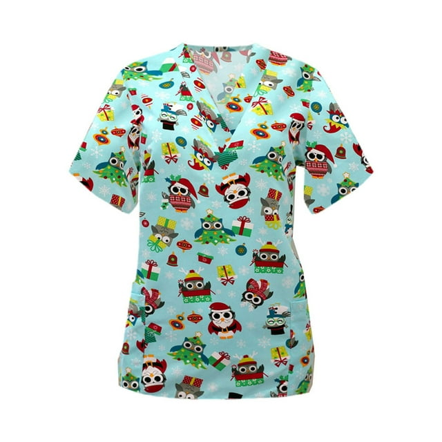 xiaxaixu Women Christmas V-Neck Short Sleeve Tops Nurses Work Uniform Blouses