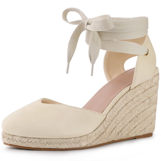 Sandalias con cordones y tacón de cuña con plataforma tipo alpargata para mujer Beige 36