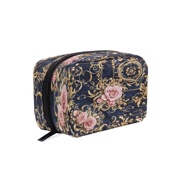 BZSMCE Makeup and Cosmetic Bag Women Simple Floral Pink Roses Gold Filigree Pattern Square Cosmetic Bag