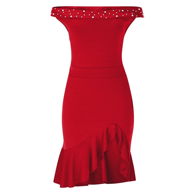 SMihono Womens Sexy Bodycon Party Dress Off The Shoulder Pearls Strap Midi  Dress Ruffle Hem Cocktail Dresses Red S - Walmart.com