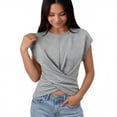 thumbnail image 5 of Favoffer Women's Strap Hem T-Shirts Round Neck Short Sleeve Slim Fit Casual Tops Knit Blouses Versatile Tees for Summer Outings Errands Streetwear Daily, 5 of 6
