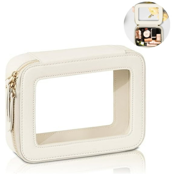 Clear Makeup Bag Cosmetic Organizer Case Waterproof Travel Toiletry Bag Skincare Pouch with Golden Zipper(Beige)