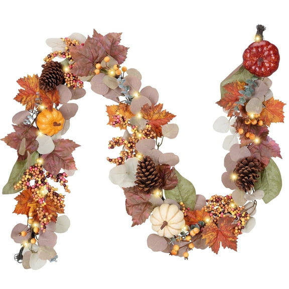 Valery Madelyn 6Ft Pre-Lit Fall Garland Lighted Harvest Garland with Red Orange White Pumpkin & Pine Cone for Thanksgiving Fireplace Farmhouse Front Door Banisters Porch