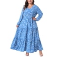 thumbnail image 1 of Vestido largo de lunares para mujeres de tallas grandes con mangas de linterna y dobladillo con volantes, vestidos boho 4X azul, 1 of 6