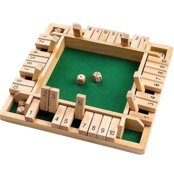 1-4 Players Shut The Box Dice Game,Classic 4 Sided Wooden Board Game with 10 Dice and Instructions for Kids Adults, Tabletop Version,8.6 inch