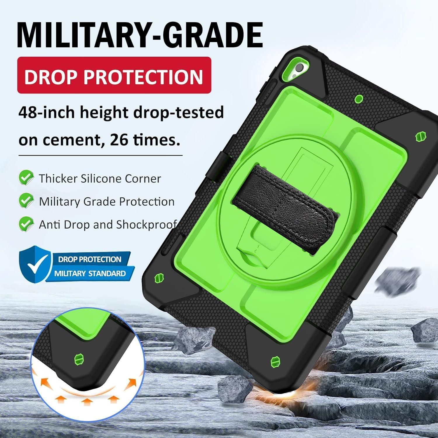 BMOUO iPad 6th / 5th Generation Case,iPad 9.7 2018/2017 Case,iPad Air 2 Case,3 Layer Shockproof [360 Swivel Stand][Hand Strap][Pencil Holder] Kids Case for iPad 9.7 Inch 2018/2017 - Black+Green
