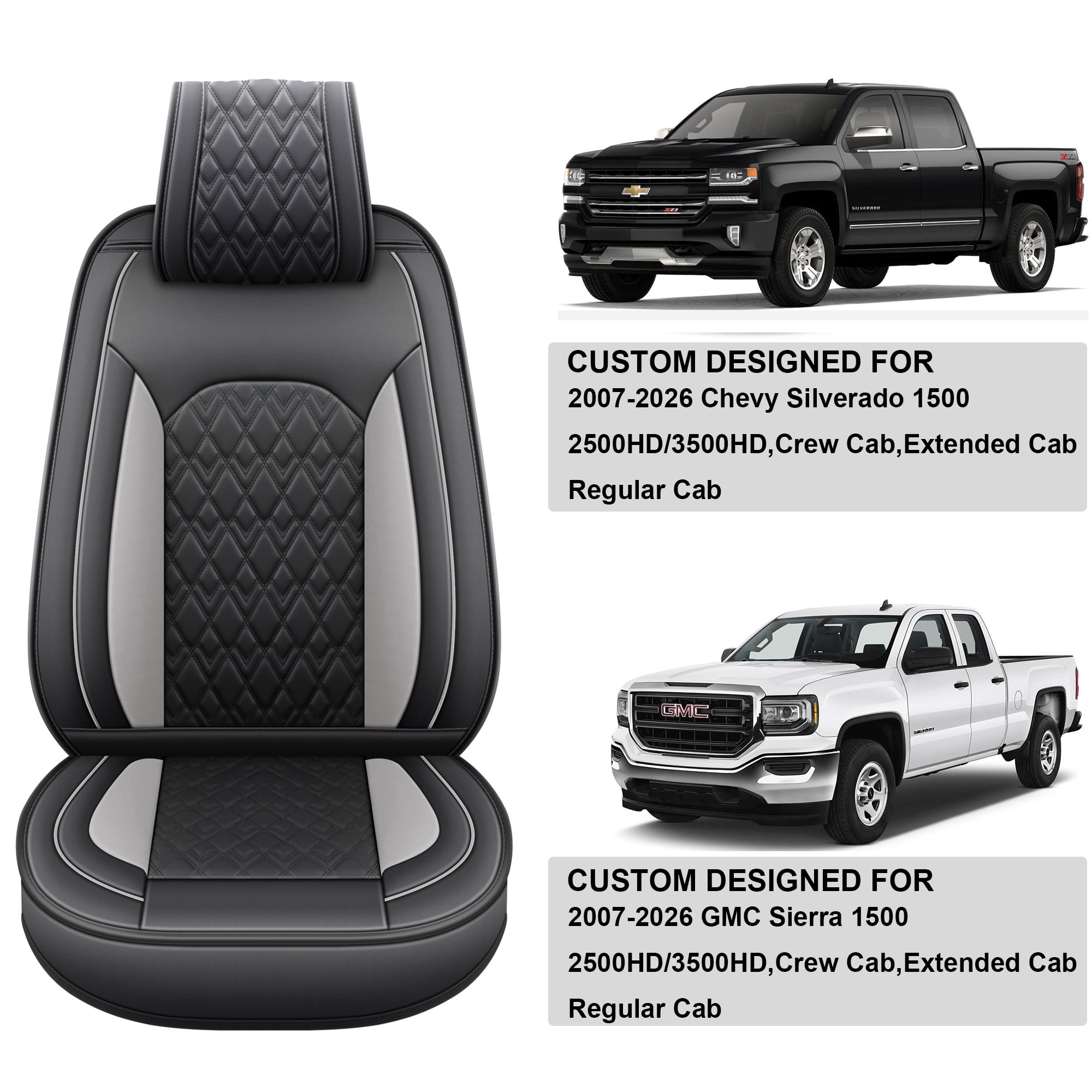 JOJOBAY Chevy Silverado Seat Covers,Leather Seat Covers for GMC Sierra,Custom Fit 2007-2026 1500 2500HD 3500HD Crew Double Extended Regular Cab,LT LZT RST Trail Boss(Front Pair,Black Grey)