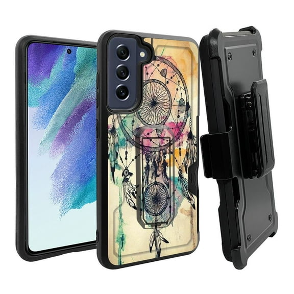 ANJ  Rugged Dual Layer Shockproof Holster Case w/Card Slot, Kickstand   Tempered Glass for Samsung Galaxy S21 FE 5G - Watercolor Dreamcatcher