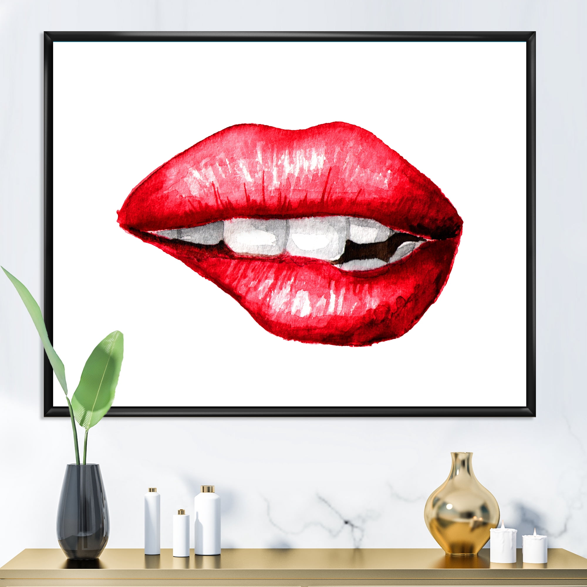 Sexy Plump Puffy Girl Lips Biting 32 in x 16 in Framed Painting Canvas Art Print, by Designart