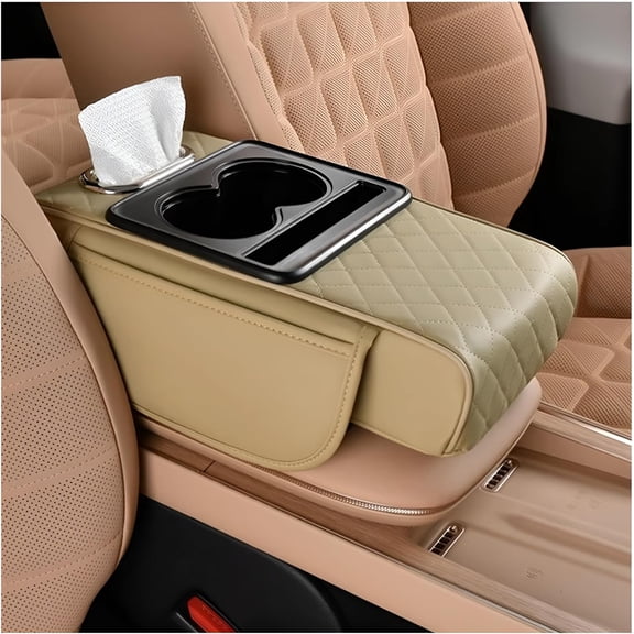 2026 Car Central Console Organizer, Memory Foam Leather 4 in 1 Vehicle Arm Rest Cover with Tissue Box 2 Side Storage Bag Cup & Phone Holder, Auto Armrest Cushion, Universal Fit