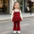thumbnail image 2 of JIAYUE Girls Clothing Set Puff Sleeve Knit Ruffle Button Strap Dress Flared Knit Pants 2 Piece Outfit For Autumn Back To School,5-6 Years, 2 of 4
