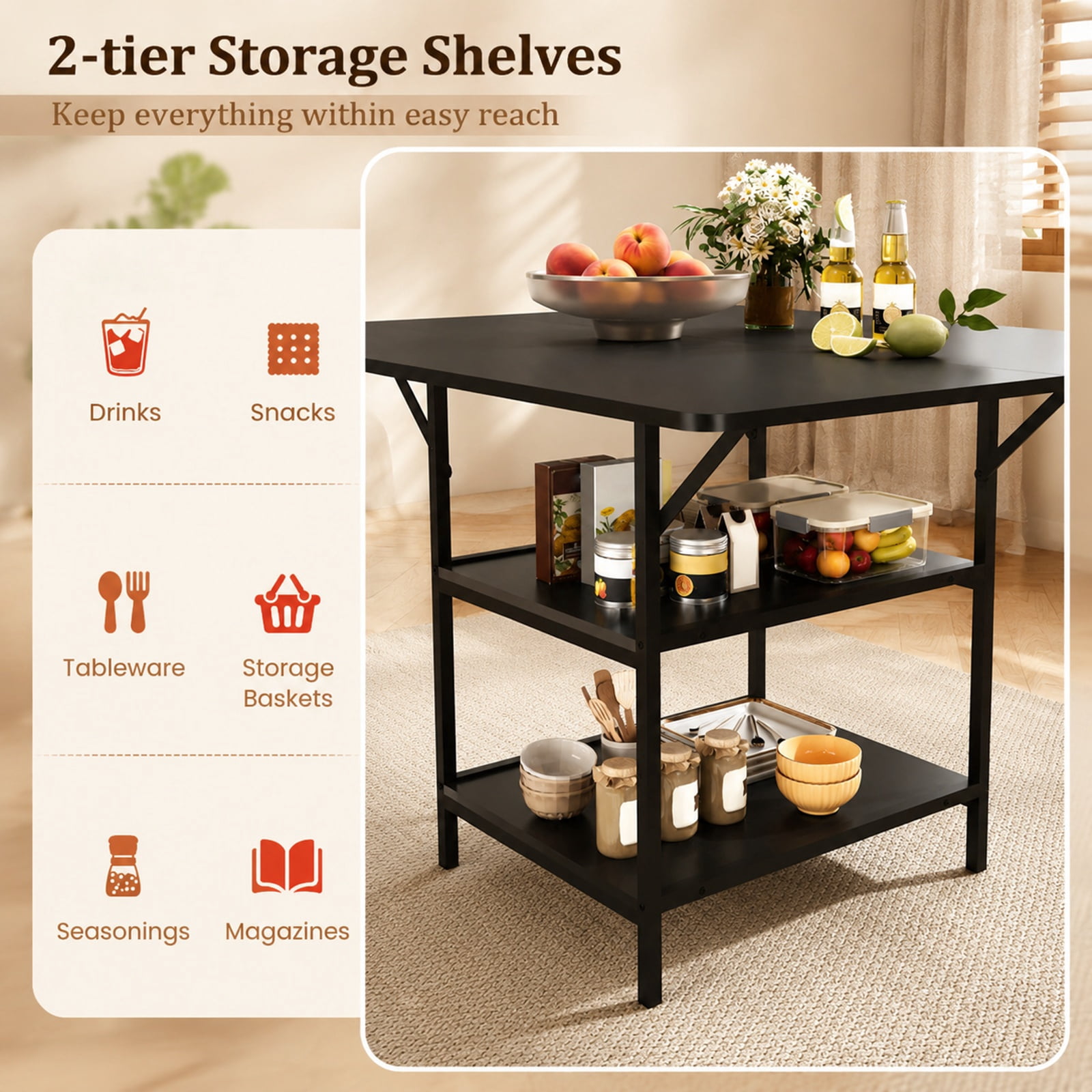 Furnibear 47 Inch Rectangular Dining Table for 4 to 6 with 2 Open Storage Shelves and Sturdy Metal Legs for Kitchen and Dining Room, Black