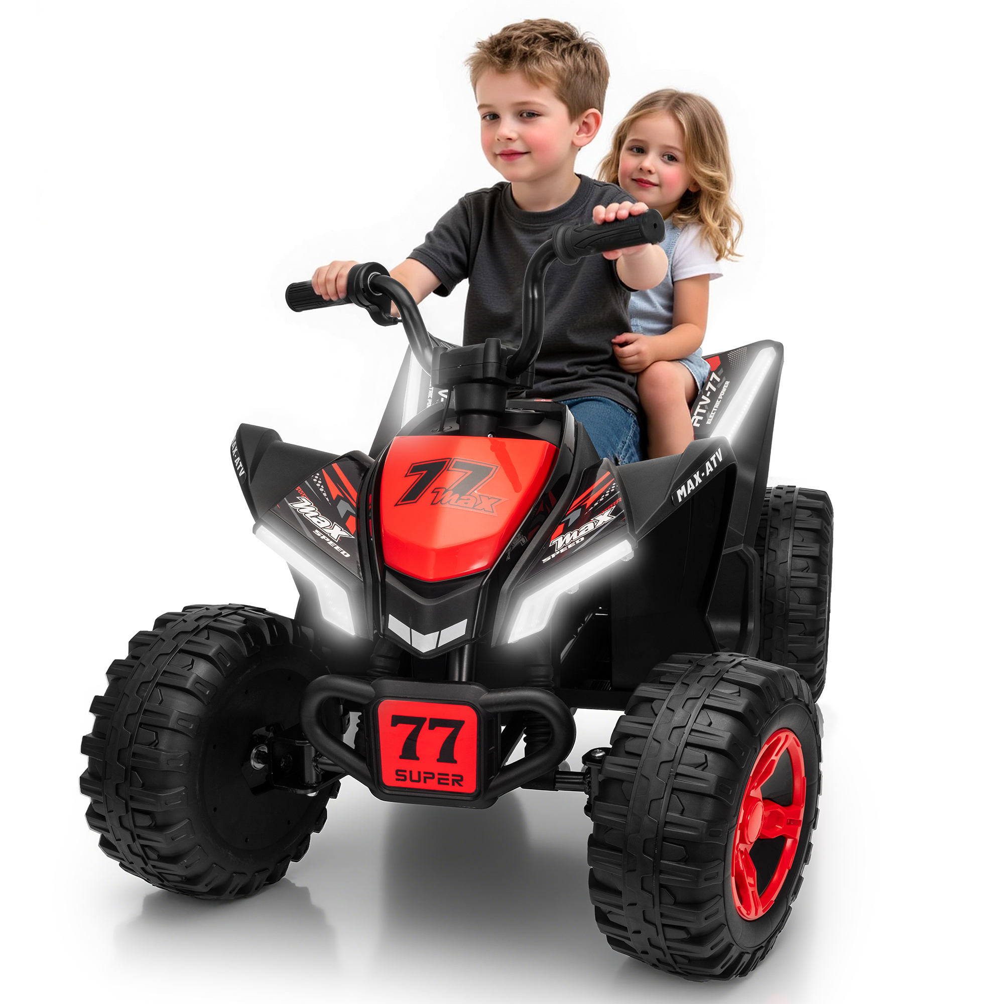 Kids ATV 4 Wheeler, Two Seater 24V Ride On Toy for Big Kid w/Unique LED Light, Music, Wireless, Story, 24 Volt Ride on Car Electric Quad for Boys Girls, Red