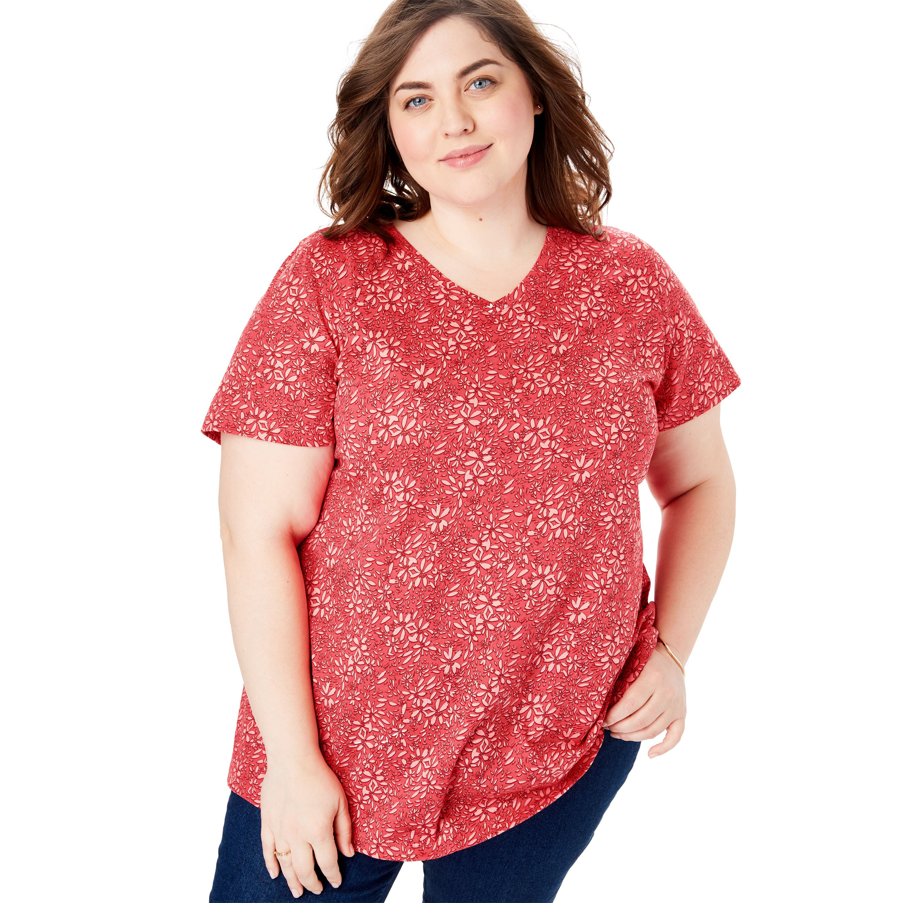 Woman Within Womens Plus Size Perfect Printed V-Neck Tee 
