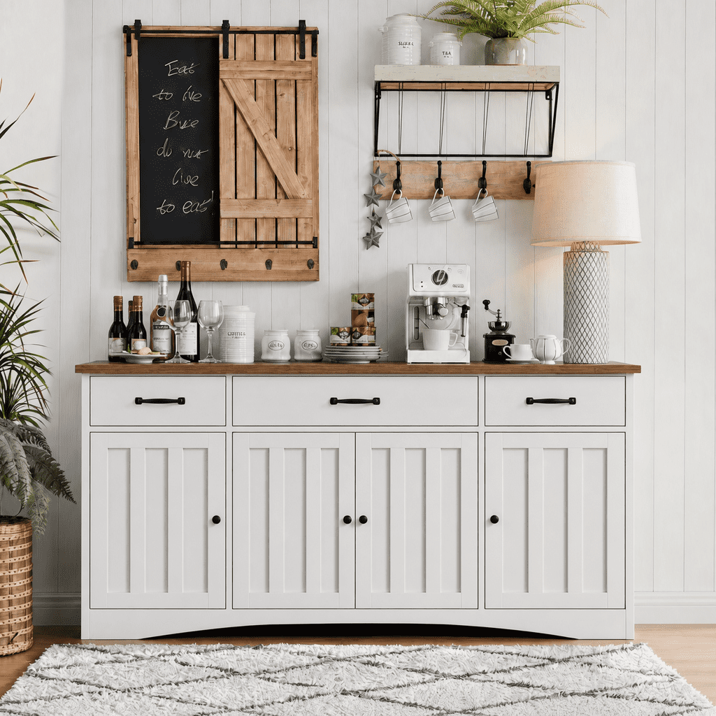Sideboard Buffet Cabinet, 55.1" Large Dining Sideboard with 3 Drawers, 4 Glass Doors, Wood Coffee Bar Cabinet, White & Retro
