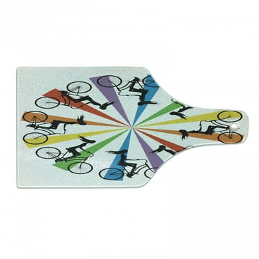 Feminine Cutting Board, Abstract Silhouette Girls on Bike Colorful Wheel Relax Exercising Enjoyment Theme, Tempered Glass Cutting and Serving Board, Wine Bottle Shape, Blue Red, by Ambesonne
