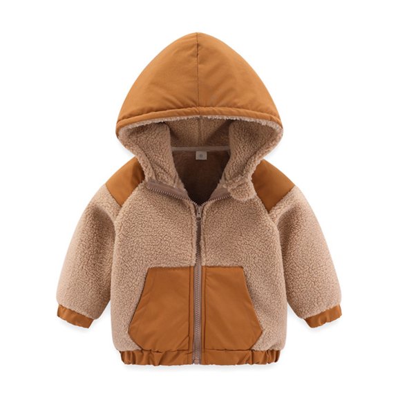Boys' Jackets Heavy ElasticFleece Solid Print Hooded Cozy Pocket Zipper Outerwear for Autumn Winter Coffee 18 Months-24 Months