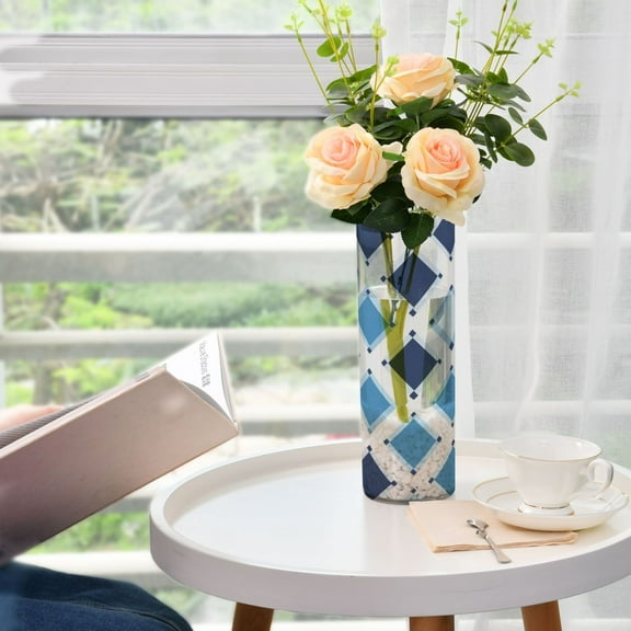 Plastic Vase 11.8"3.9" Translucent Cylinder Vase Durable Flower Vase Storage Bottle for Modern Home Wedding Decor Blue and White Argyle Squares