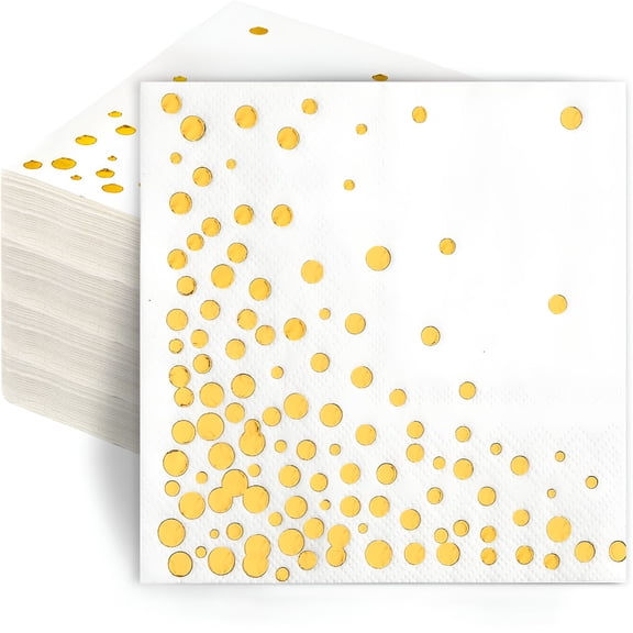 CCOCC 100 Pcs Gold Cocktail Napkins,3-Ply Party Paper Napkins,5 X 5 Inches Bar Napkin Disposable for Weddings,Birthdays,Baby Showers,Anniversaries,And Cocktail Parties (White)