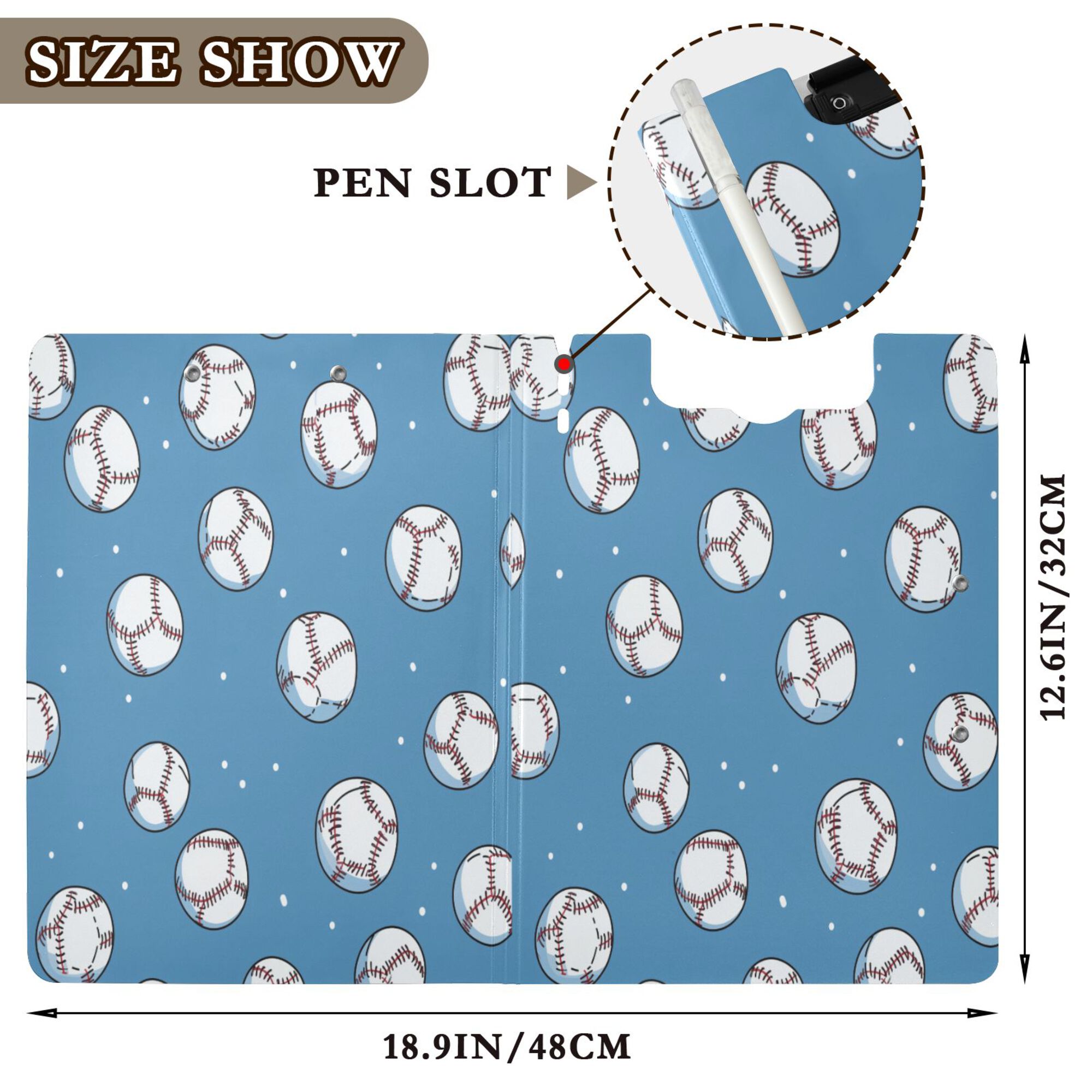 FORMRS A4 Clipboard Folder with Pen Holder Horizontal Foldable School Office Binder, Baseballs Pattern