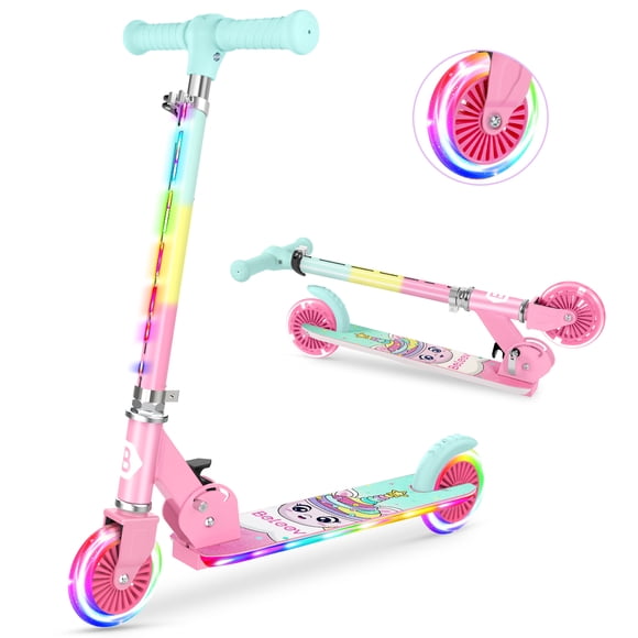 BELEEV Scooter for Kids with Light-Up Wheels, 2 Wheel Folding Scooter for Children, 4 Adjustable Height, Lightweight Kick Scooter with Handy Kickstand for Children Ages 3-12, Pink