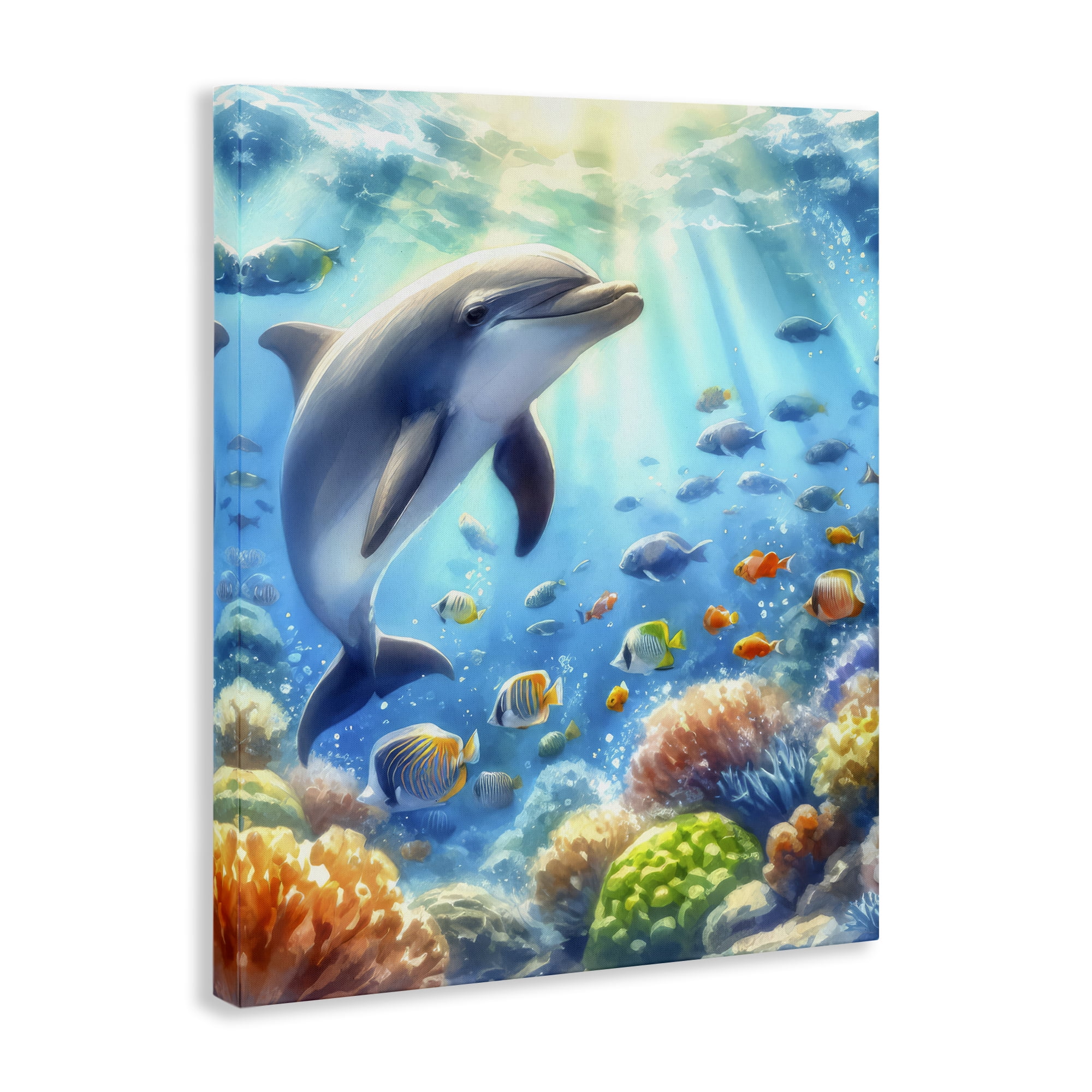 Stupell Industries Smiling Dolphin Under Sea Nautical & Beach Painting Wrapped Canvas Art Print Wall Art, 16 x 20