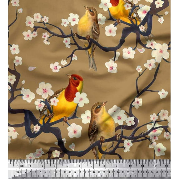 Soimoi Brown Viscose Chiffon Fabric Fish,Bird & Yacht Bird Print Fabric by The Yard 42 Inch Wide