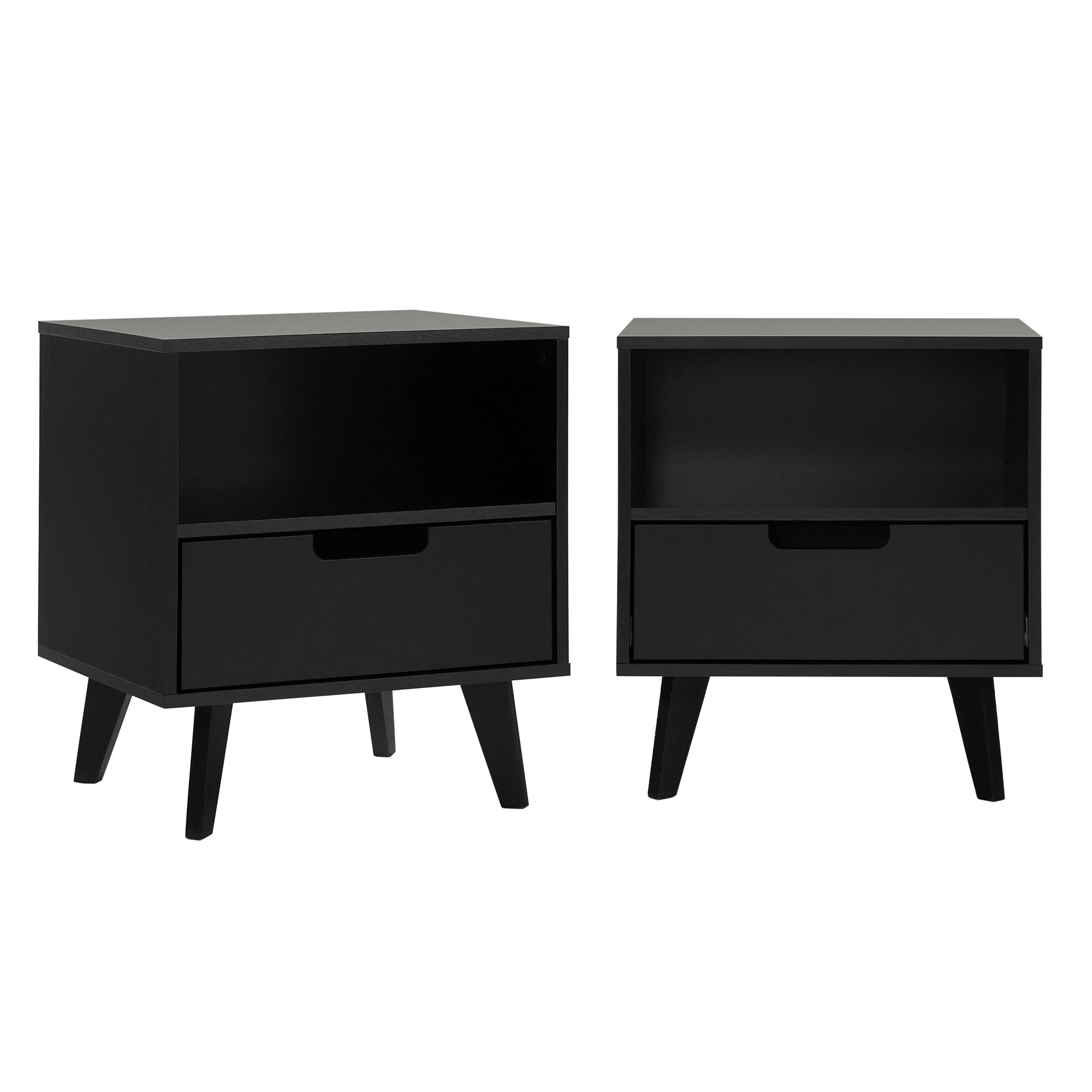 Walker Edison Mid-Century Modern 1-Drawer Angle-Leg Nightstand, 2 Pack, Black